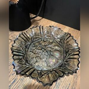 🖤 Vintage Iridescent Glass Plate – Pressed Fruit Motif – Dated 1960